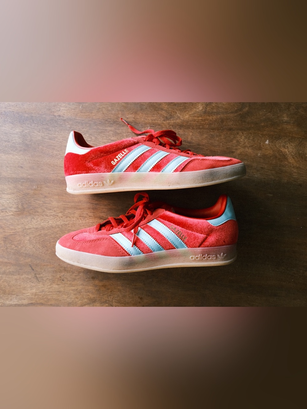 Adidas Gazelle - Red Suede Sneakers with Turquoise Stripes - Picture 2 of 8